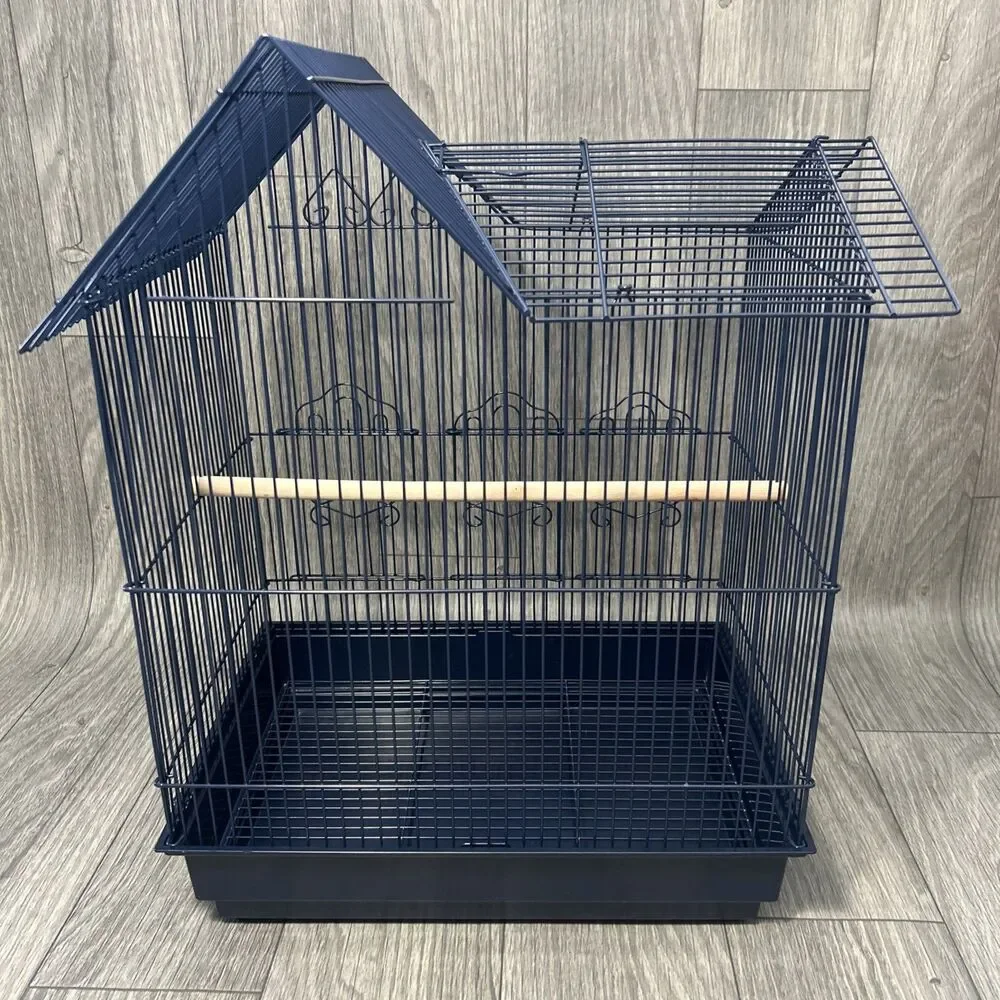 You & Me Parakeet Ranch House Bird Cage, Navy With Wooden Rod And Pullout Tray